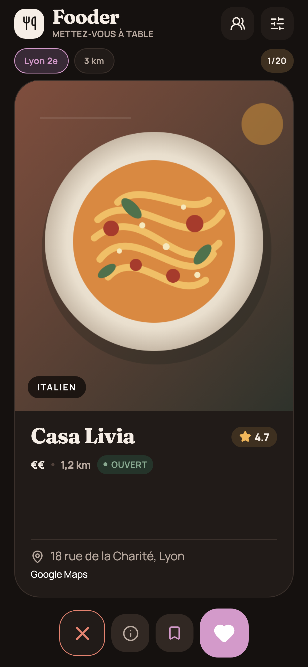 Fooder restaurant discovery screen in dark mode, showing the same fictional restaurant card.